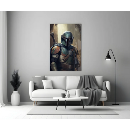 Mandalorian bounty hunter glass wall art canvas print in green armor