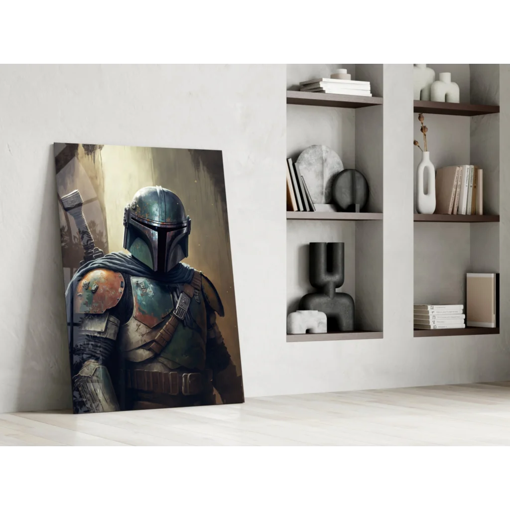 Mandalorian bounty hunter in green armor on glass wall art canvas print