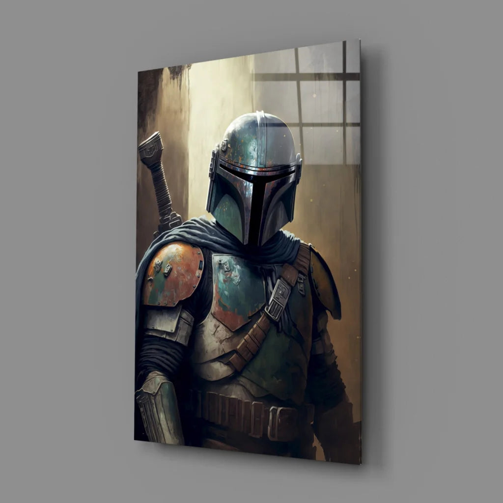 Weathered Mandalorian helmet glass wall art canvas print