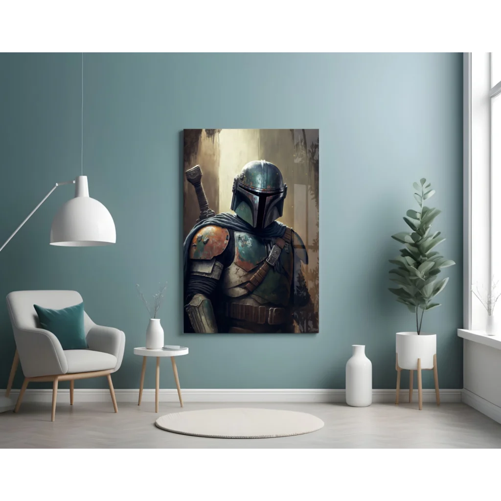 Mandalorian in iconic armor on glass wall art canvas print