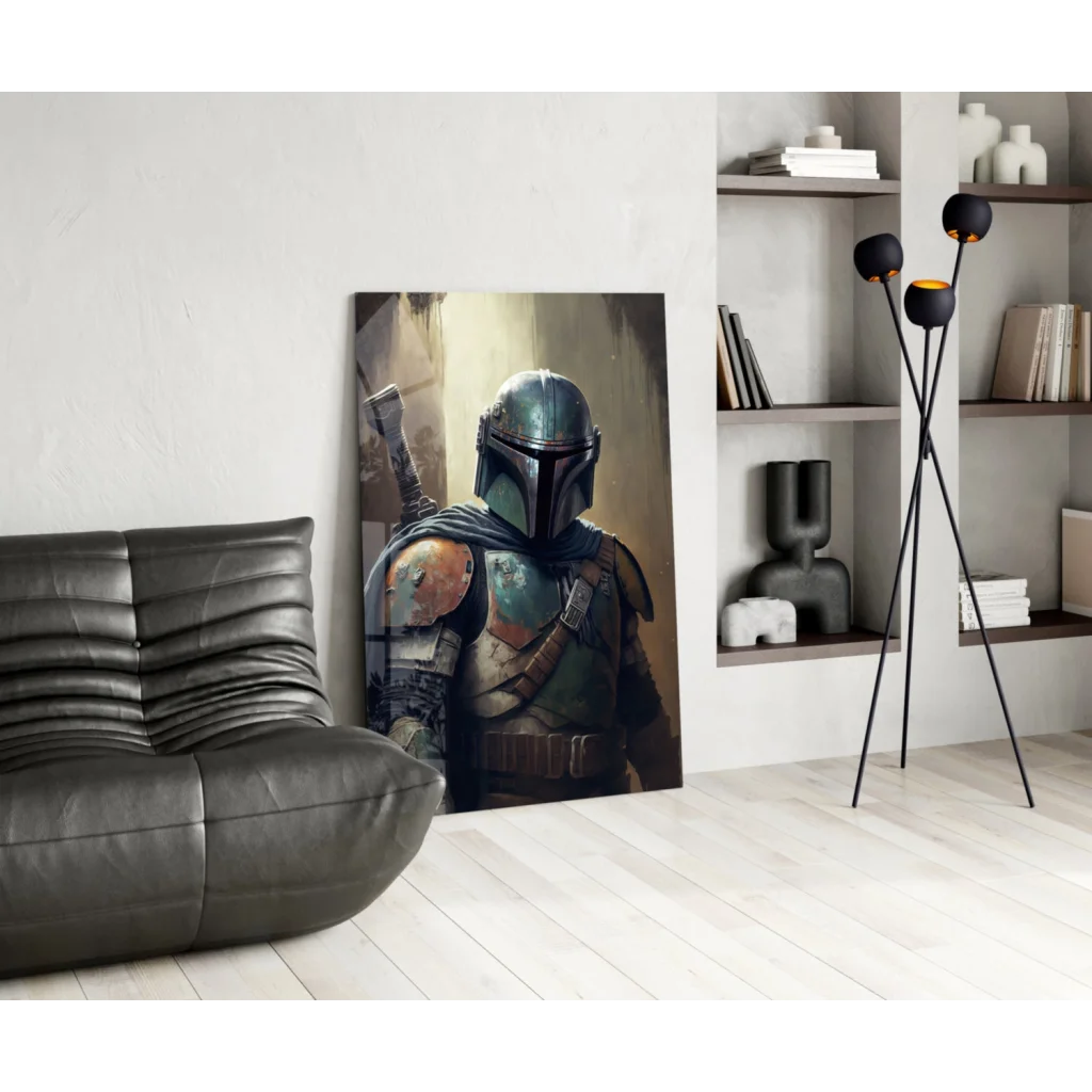 Mandalorian bounty hunter in green armor glass wall art canvas print