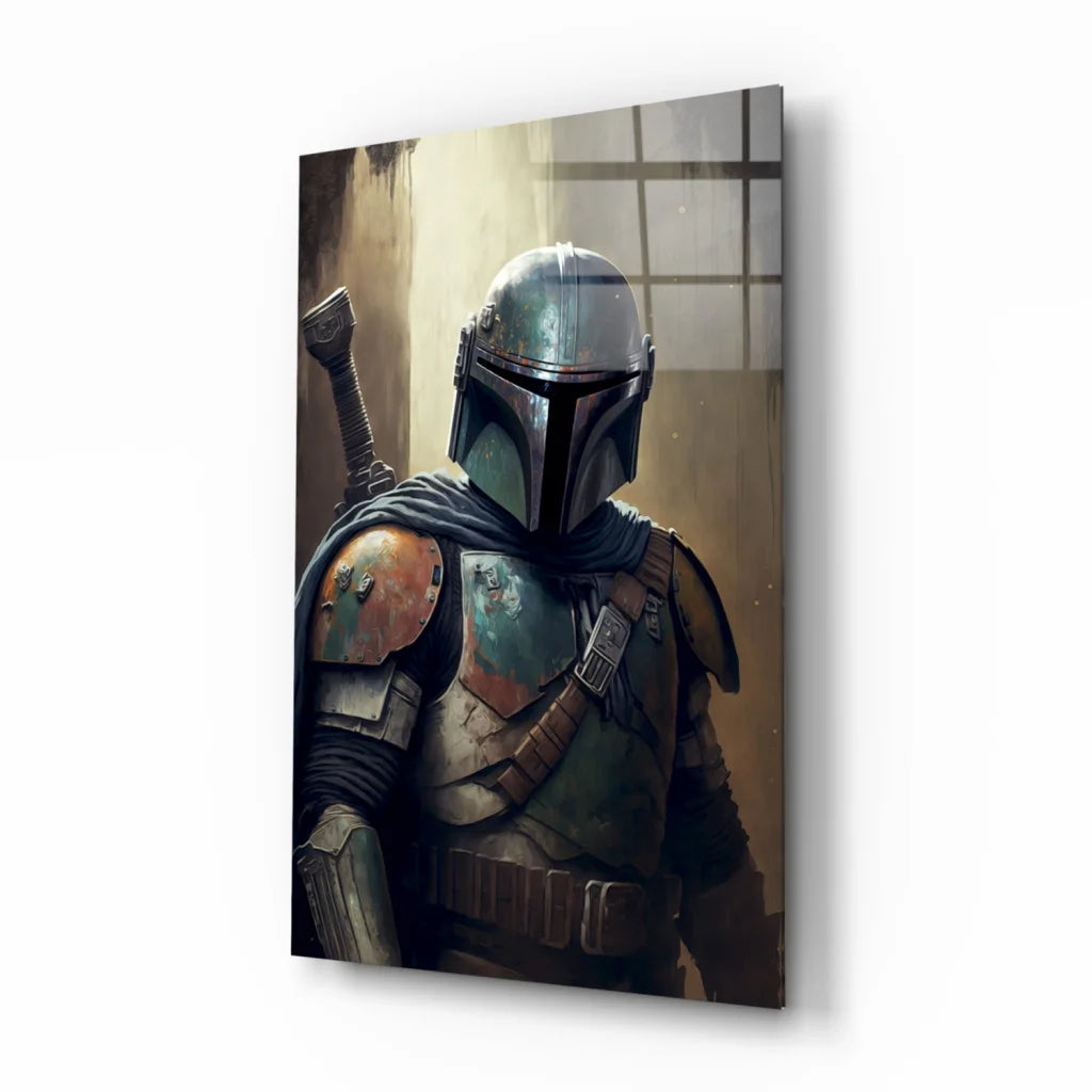 Weathered Mandalorian bounty hunter glass wall art on canvas print