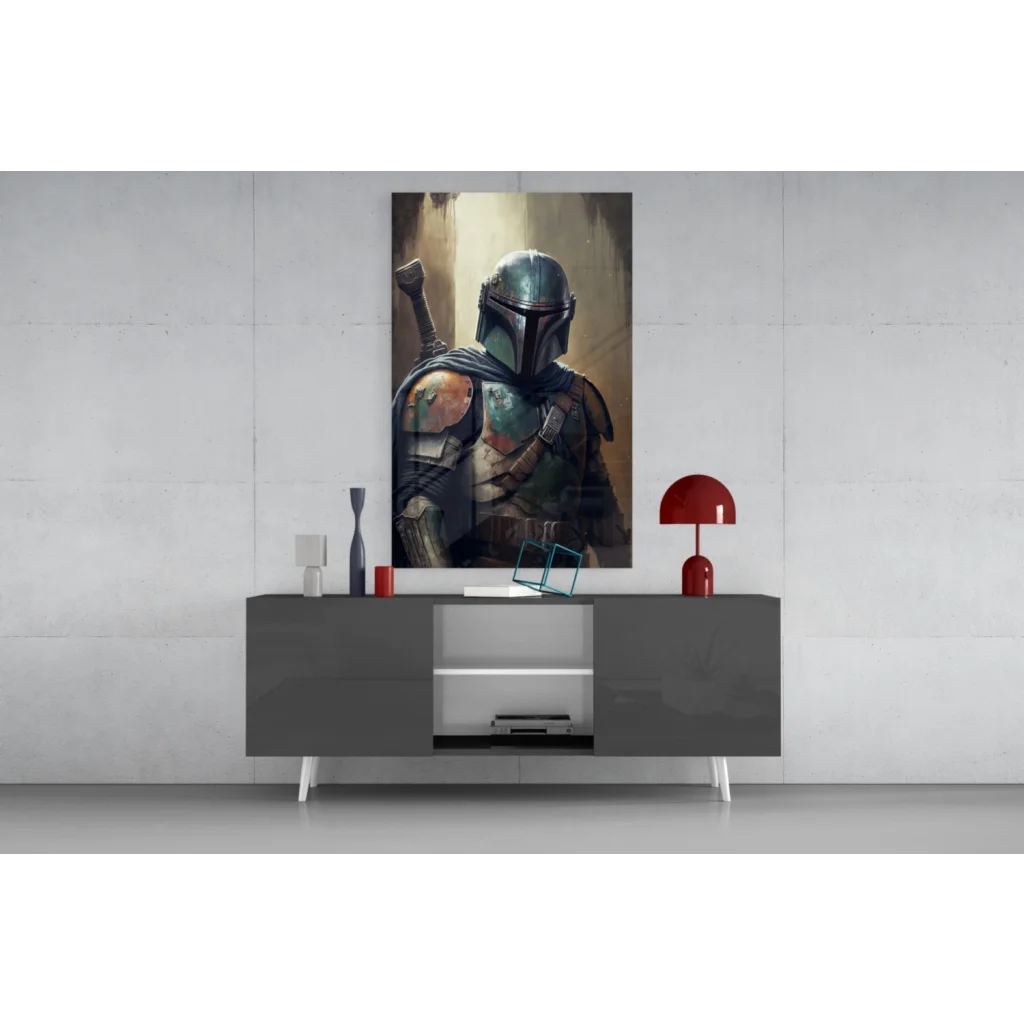 Mandalorian bounty hunter glass wall art canvas print on minimalist wall