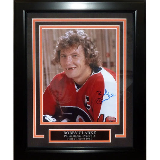 Black-framed deluxe framed 8x10 photo of bobby clarke in philadelphia flyers jersey with hall of fame plaque