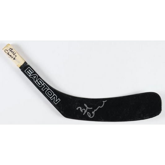 Black hockey stick with signature from Bobby Clarke, authentic hockey stick blade collectible