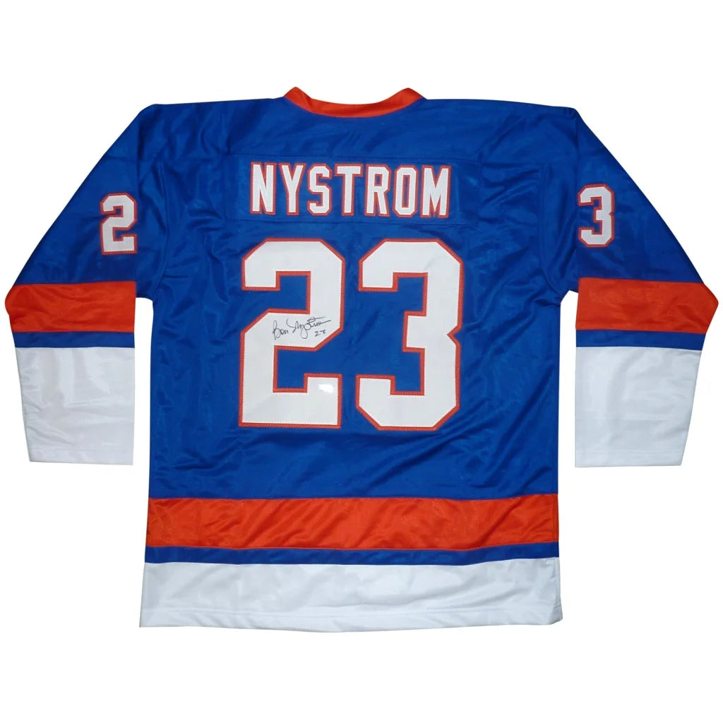 Bobby Nystrom autographed custom hockey jersey, blue with white orange accents, number 23