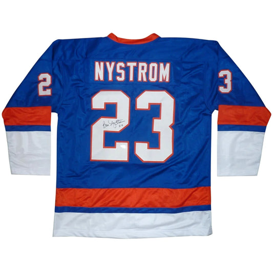 Bobby Nystrom autographed custom hockey jersey, blue with white orange accents, number 23