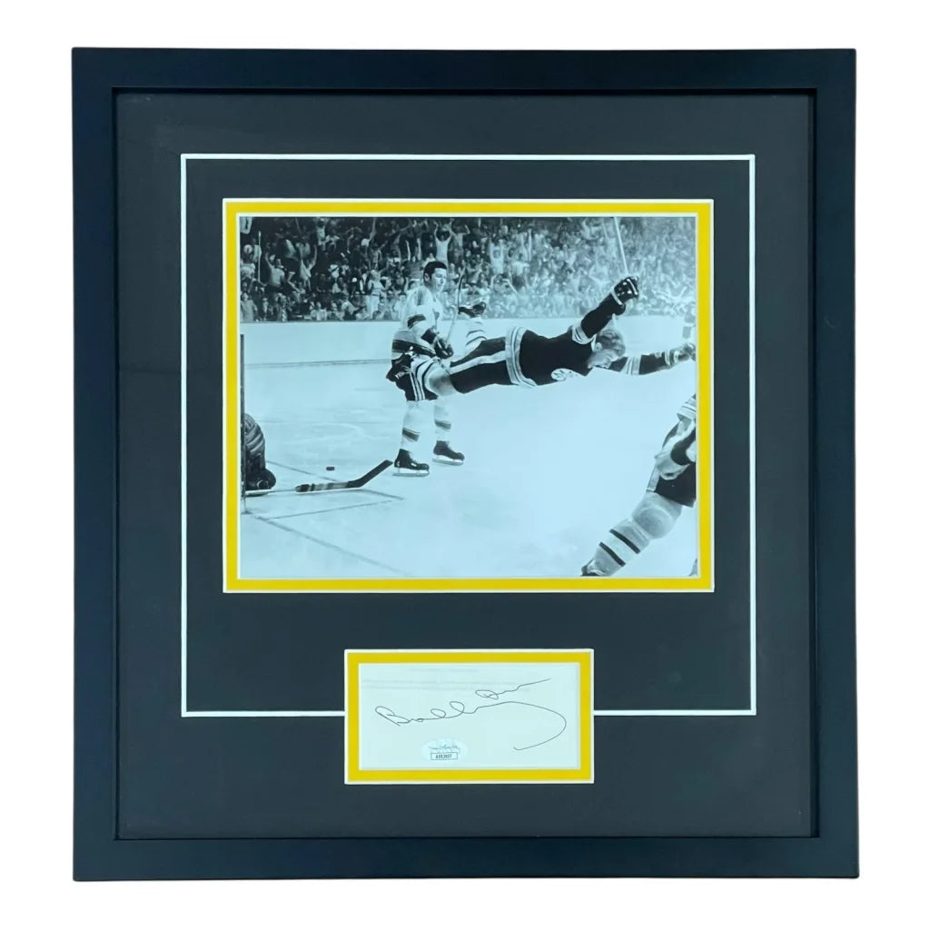 Bobby Orr autographed Boston Bruins flying goal photo in black frame