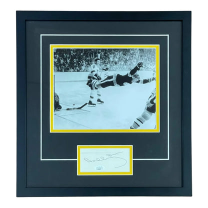 Bobby Orr autographed Boston Bruins flying goal photo in black frame