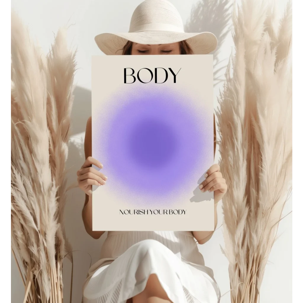 Nourish your body insigne aluminum prints wall art with bold text and purple gradient