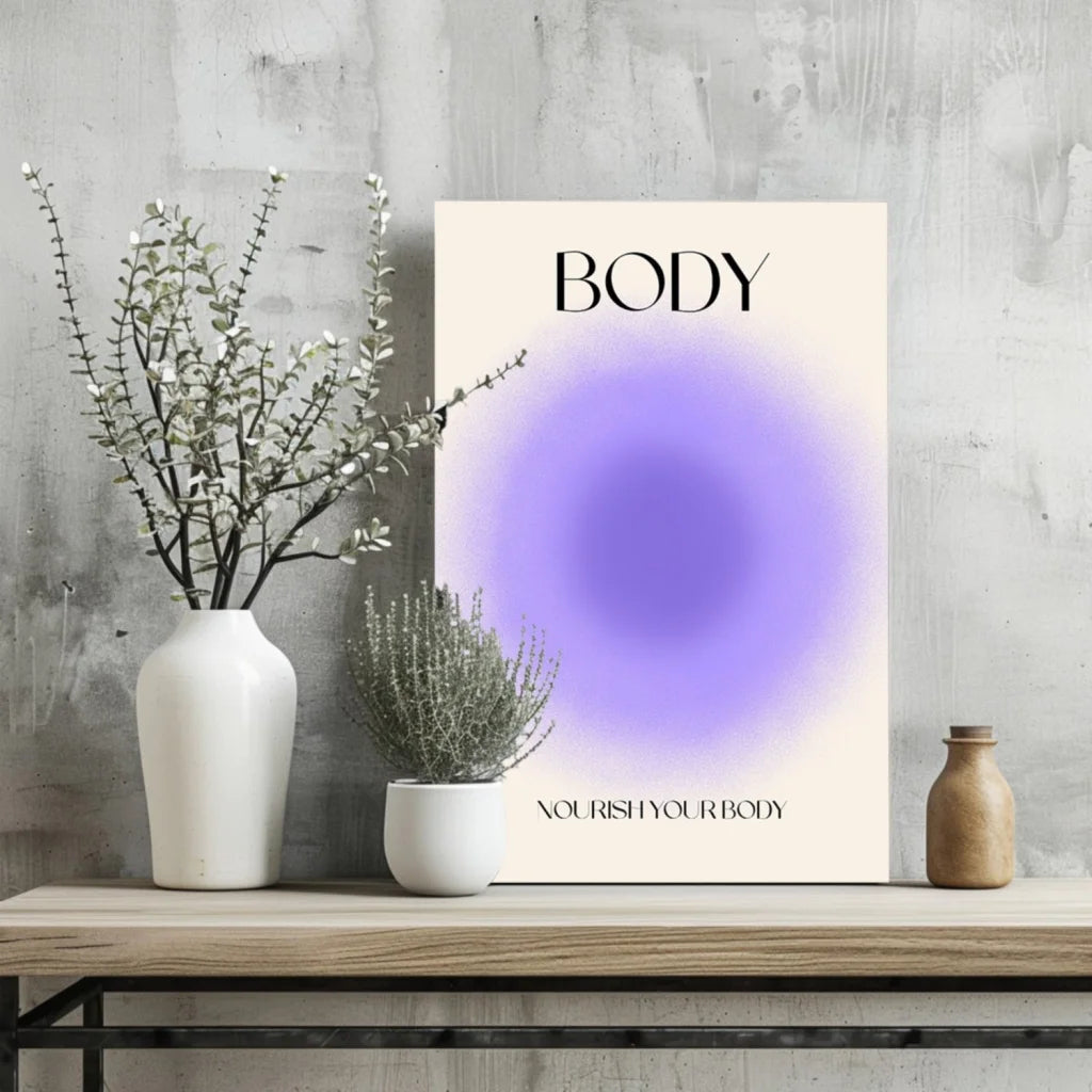 Minimalist beige Nourish Your Body insigne aluminum print with purple gradient