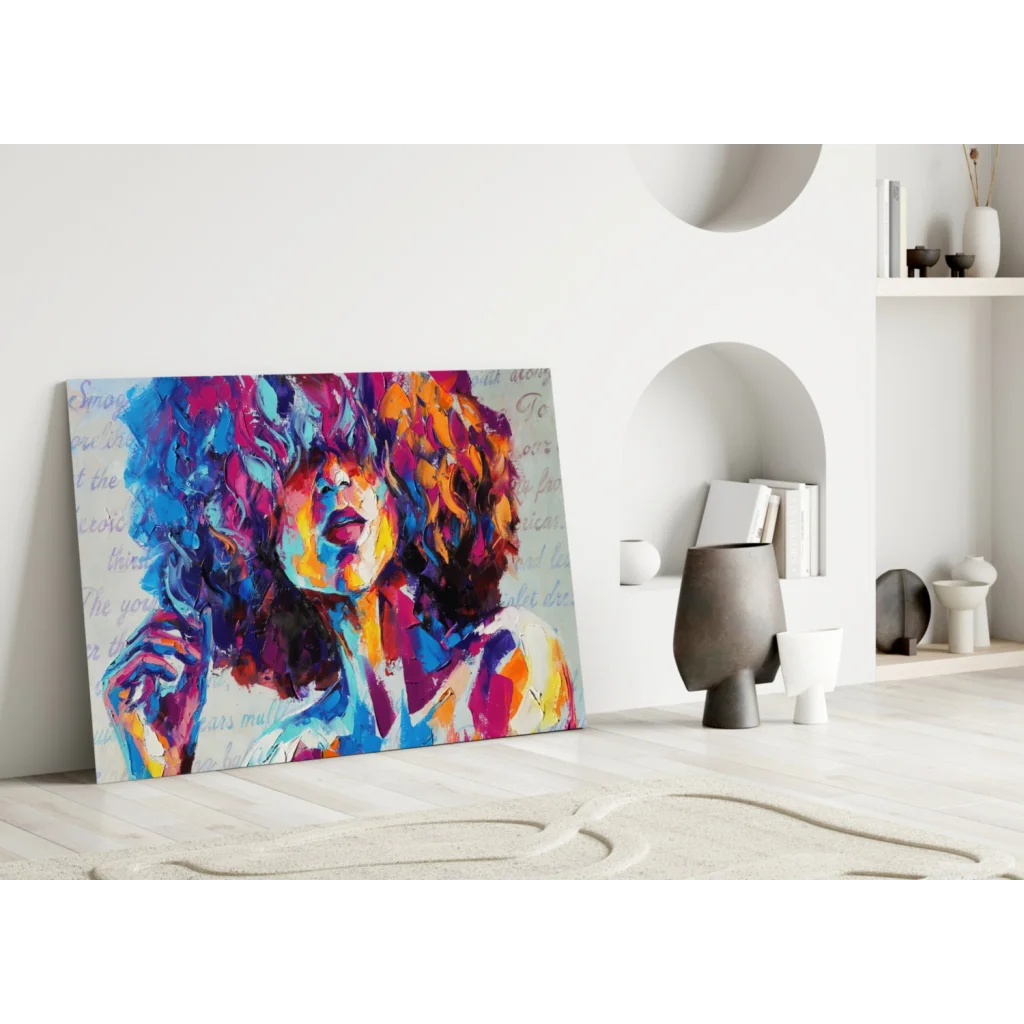 Vibrant abstract woman portrait canvas wall art in blue, pink, orange, purple