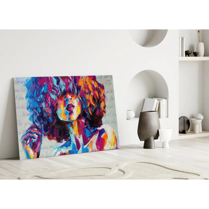 Vibrant abstract woman portrait canvas wall art in blue, pink, orange, purple
