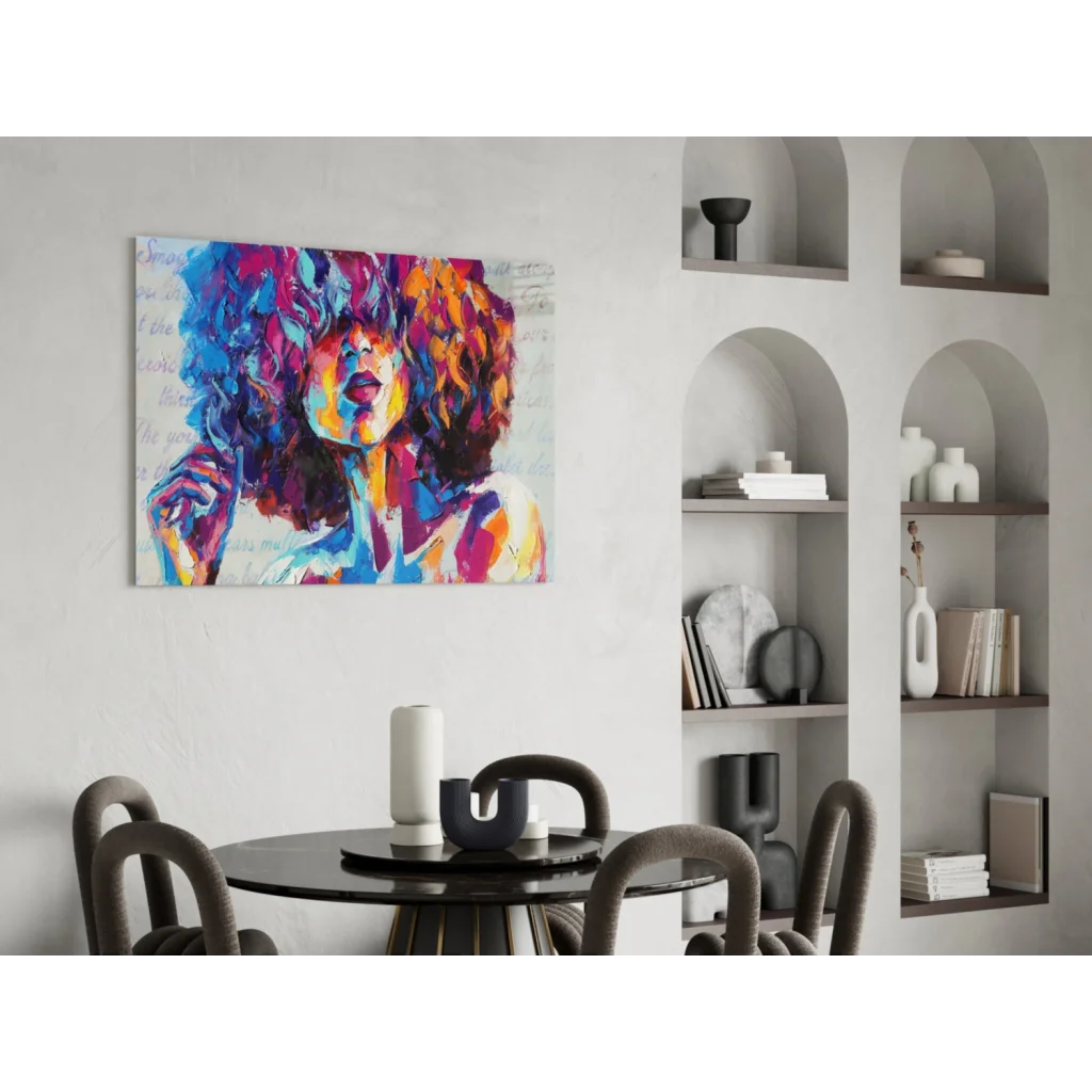 Vibrant abstract woman portrait canvas wall art in blue, purple, orange, yellow