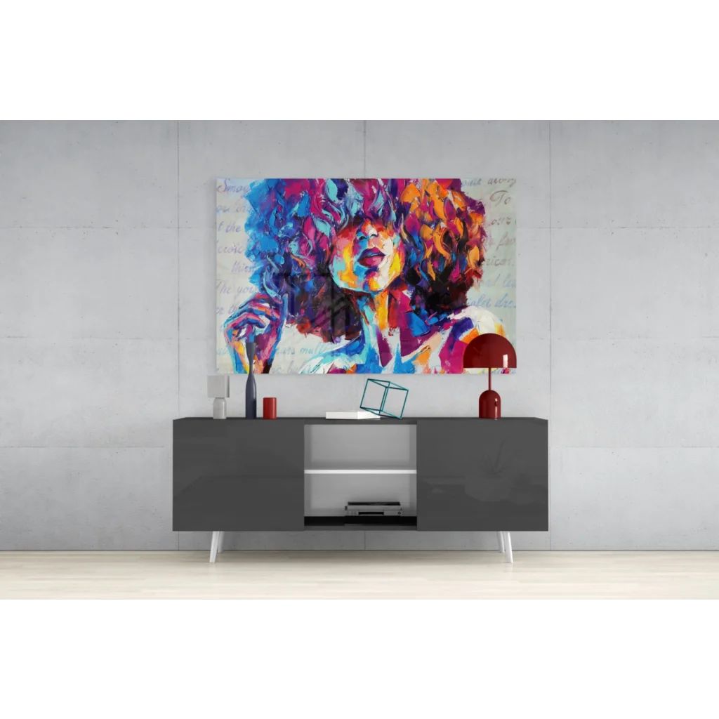Vibrant abstract woman portrait canvas wall art with colorful curls