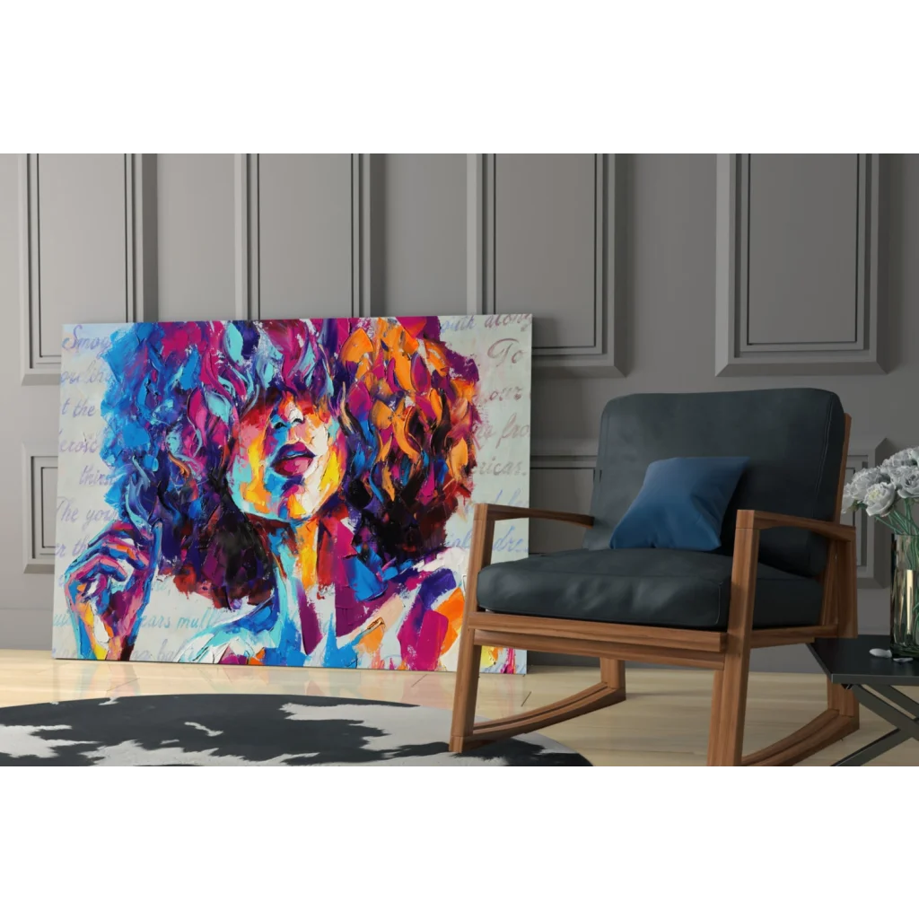 Vibrant abstract woman portrait canvas wall art in blue purple orange pink
