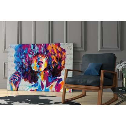 Vibrant abstract woman portrait canvas wall art in blue purple orange pink