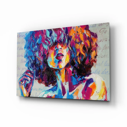 Vibrant abstract woman portrait canvas wall art in blue pink orange yellow