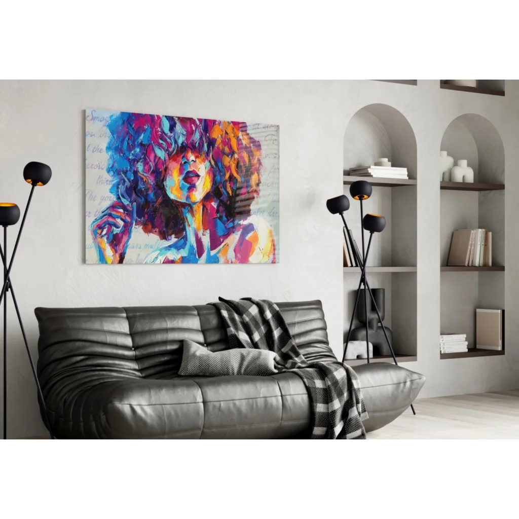Vibrant abstract woman portrait wall art canvas in bold curly hair hues