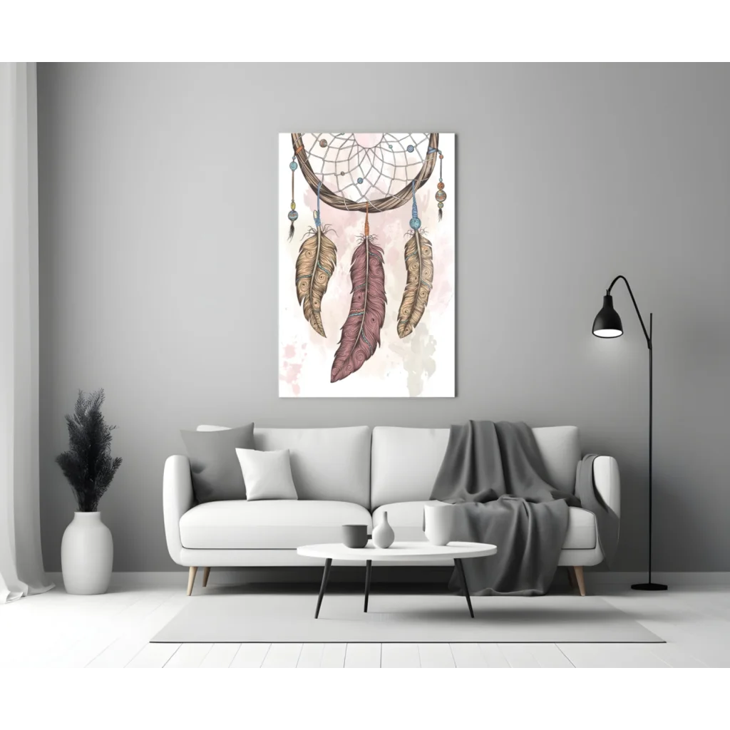 Boho dreamcatcher wall art with brown purple gold feathers beads on pink