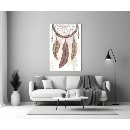 Boho dreamcatcher wall art with brown purple gold feathers beads on pink
