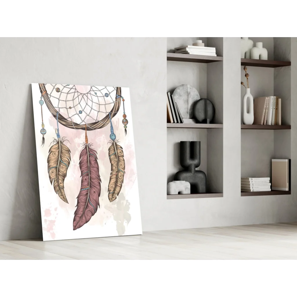 Boho dreamcatcher canvas wall art with brown purple feathers blue beads