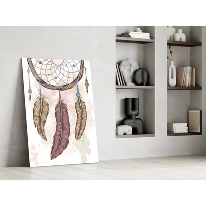 Boho dreamcatcher canvas wall art with brown purple feathers blue beads