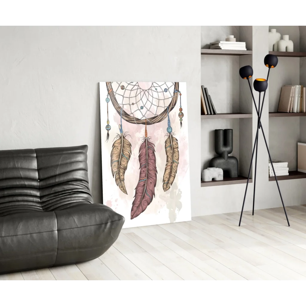 Boho dreamcatcher canvas wall art with feathers and beads