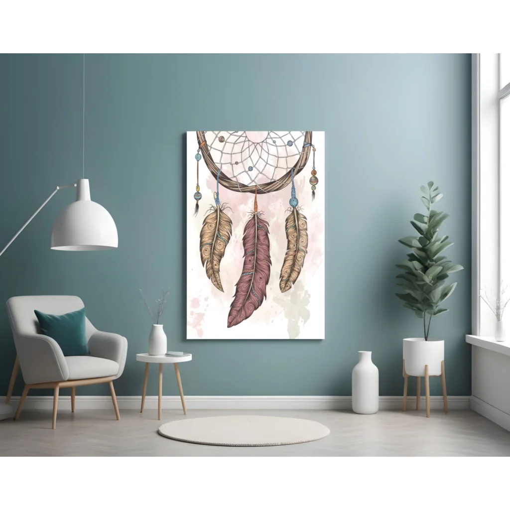 Boho dreamcatcher canvas wall art with brown burgundy feathers beads