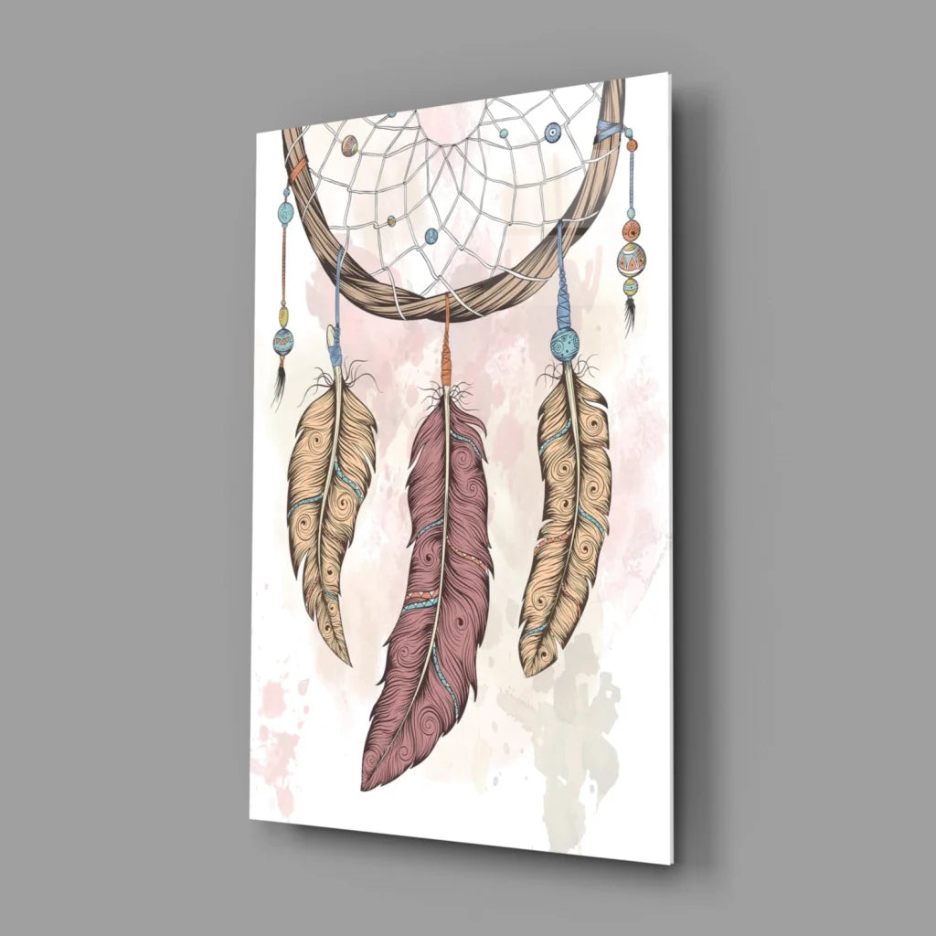Boho dreamcatcher wall art canvas with tan maroon feathers blue beads