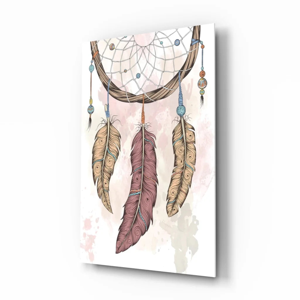 Boho dreamcatcher canvas wall art with tan, maroon feathers and colorful beads