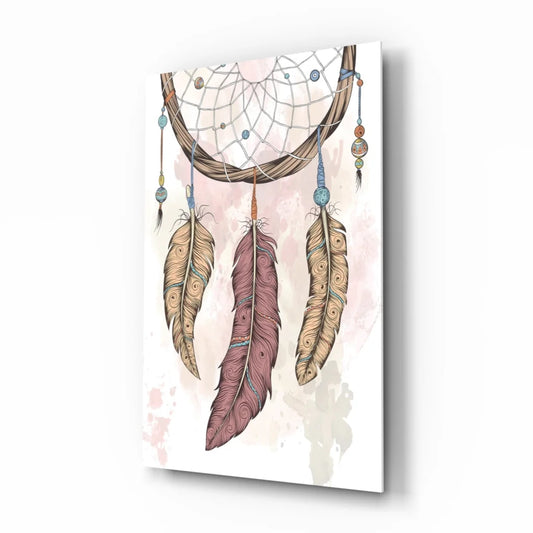 Boho dreamcatcher canvas wall art with tan, maroon feathers and colorful beads