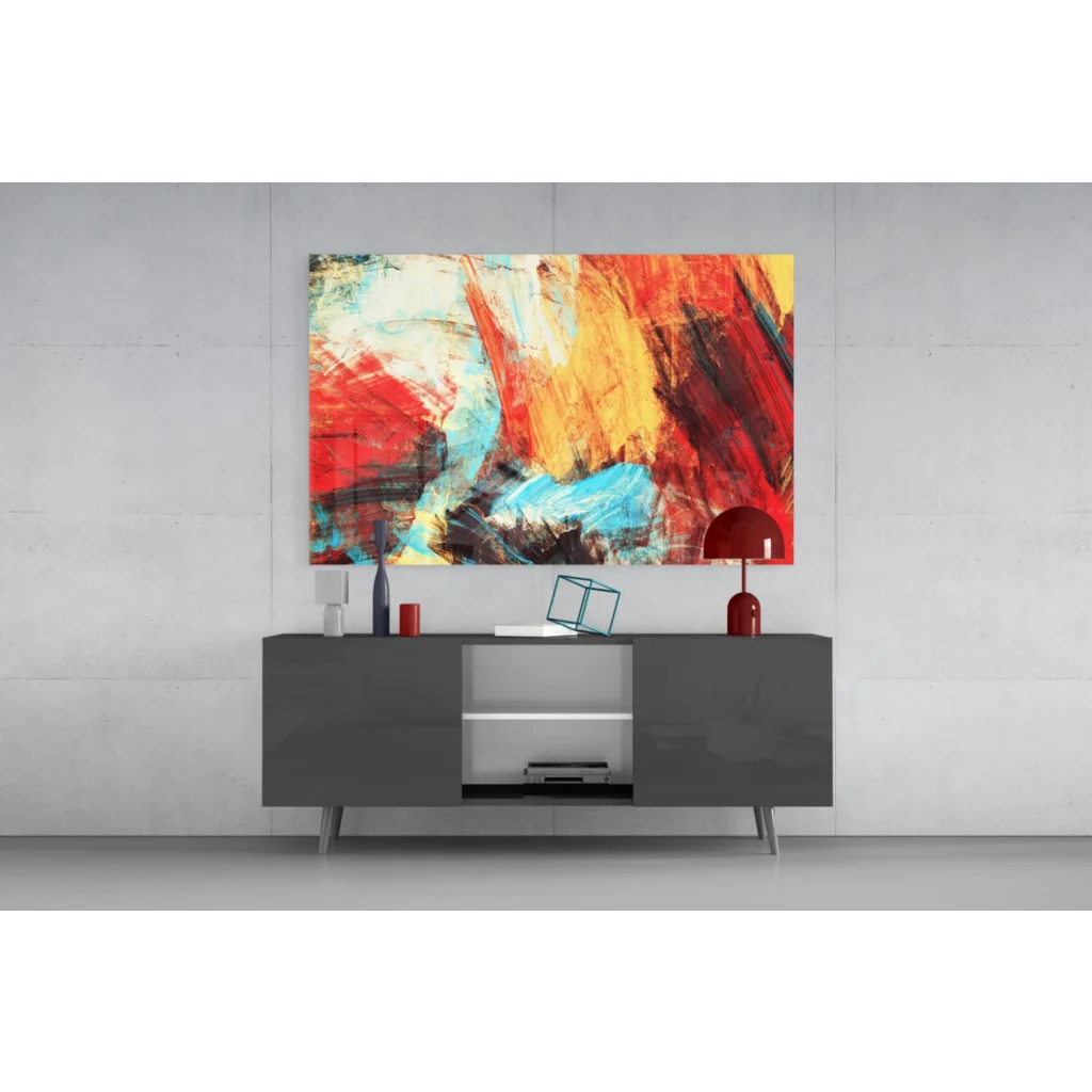 Vibrant bold abstract wall art canvas with explosive red, orange, yellow, blue strokes