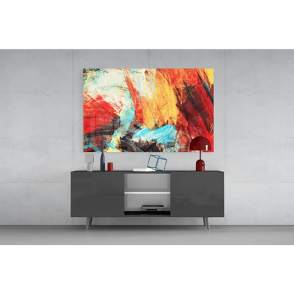 Vibrant bold abstract wall art canvas with explosive red, orange, yellow, blue strokes