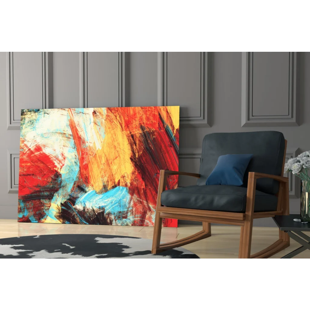 Vibrant bold abstract wall art canvas with explosive red, orange, blue energy