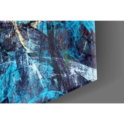 Vibrant blue and red abstract glass wall art with bold strokes