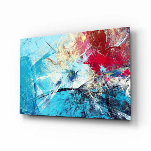 Vibrant blue and red abstract wall art canvas with swirling textured strokes