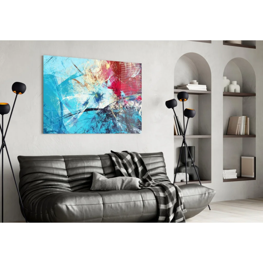 Vibrant bold abstract canvas wall art with blue and red strokes on white wall