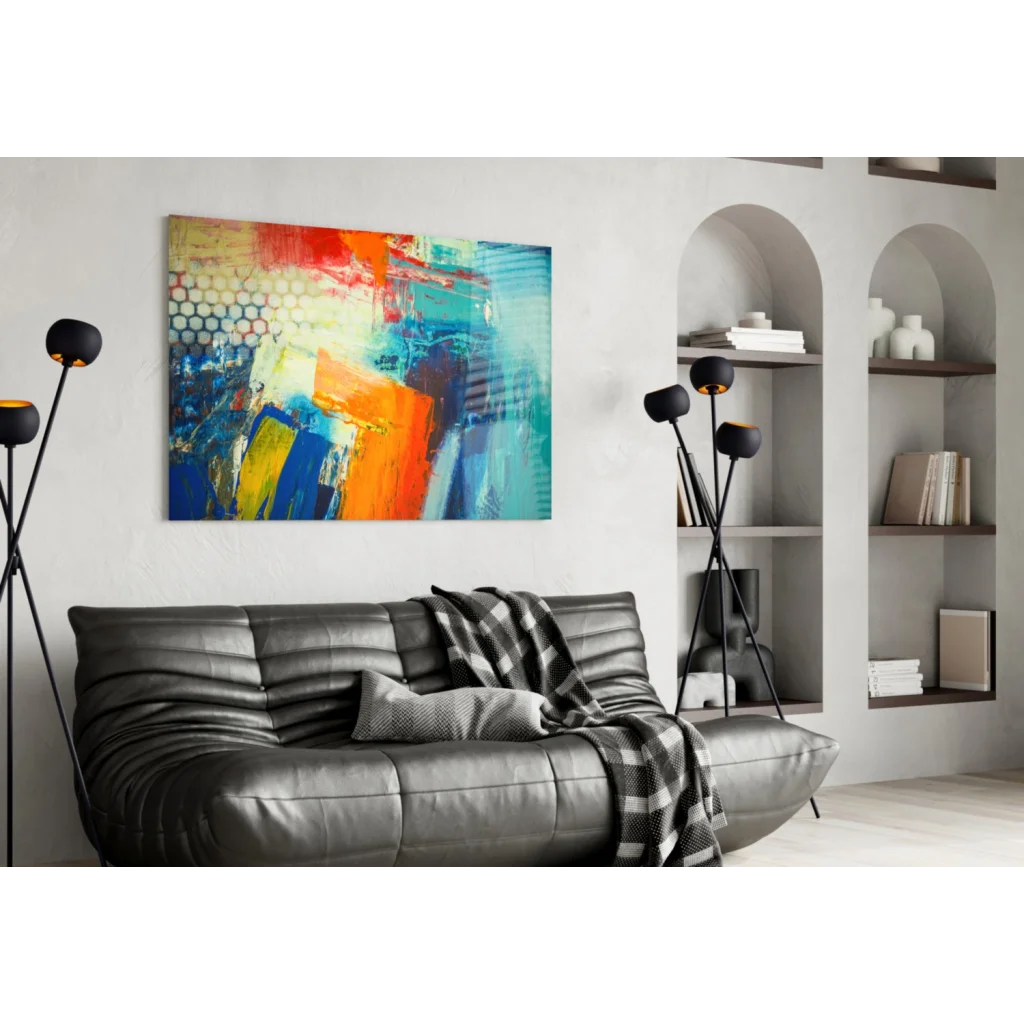 Vibrant abstract canvas wall art with bold red, orange, blue, yellow bursts