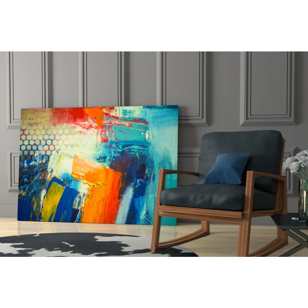 Vibrant abstract canvas wall art with bold red orange blue yellow bursts