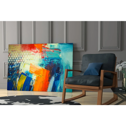 Vibrant abstract canvas wall art with bold red orange blue yellow bursts