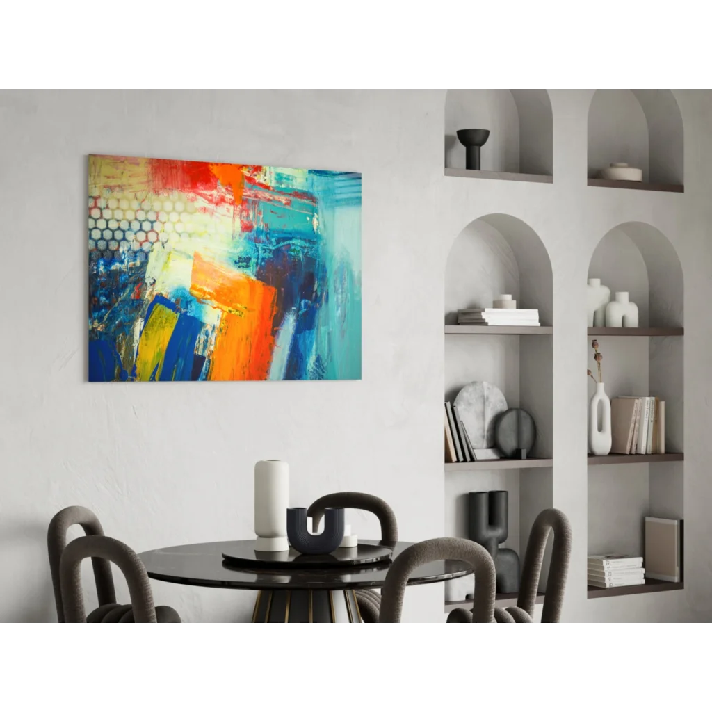 Vibrant bold abstract canvas wall art with red orange blue yellow bursts