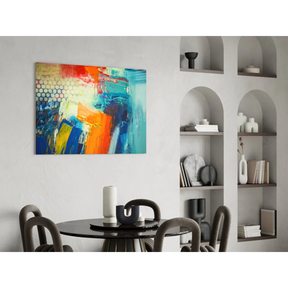 Vibrant bold abstract canvas wall art with red orange blue yellow bursts
