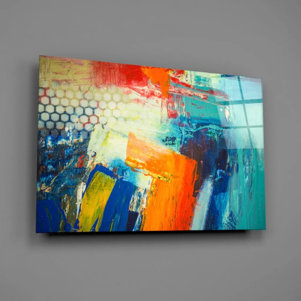 Vibrant bold abstract canvas wall art with red orange blue yellow bursts