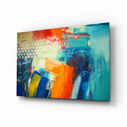 Vibrant bold abstract canvas wall art with red orange blue teal bursts