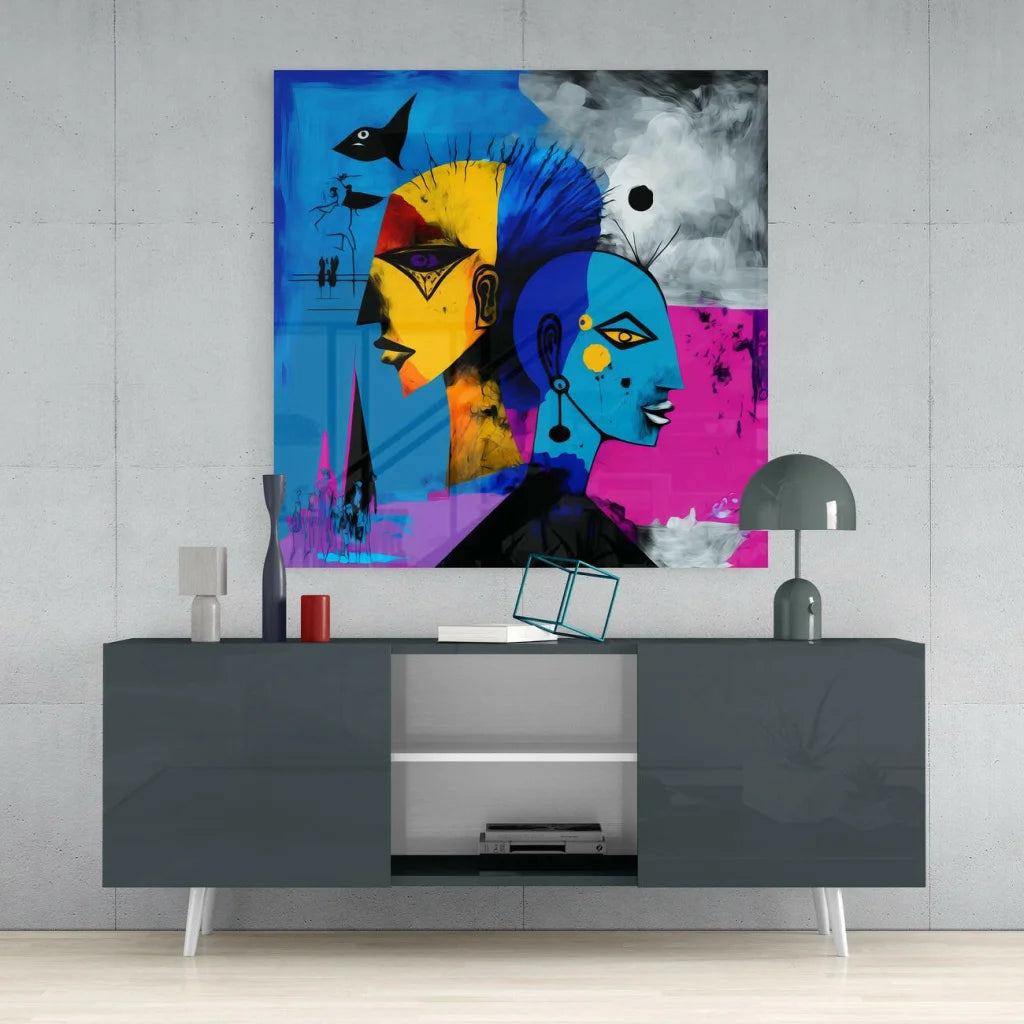 Vibrant pink and blue bold abstract face glass wall art