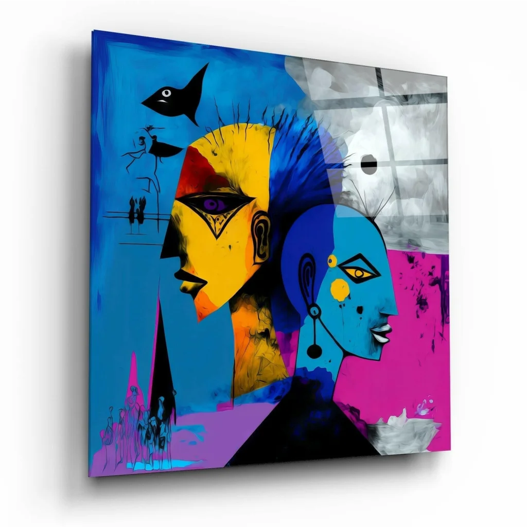 Vibrant pink and blue bold abstract face glass wall art