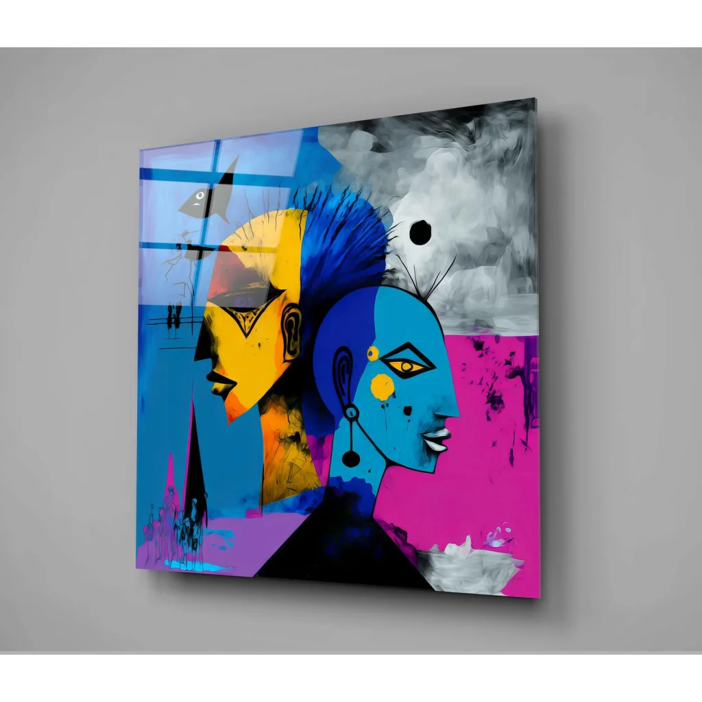 Vibrant bold abstract face glass wall art in pink and blue hues