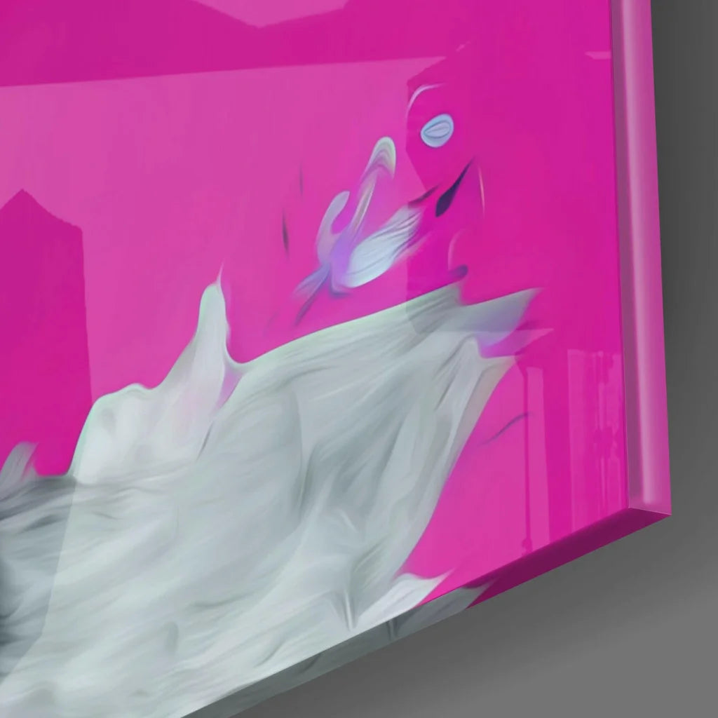 Vibrant pink glass wall art with abstract white gray brushstrokes