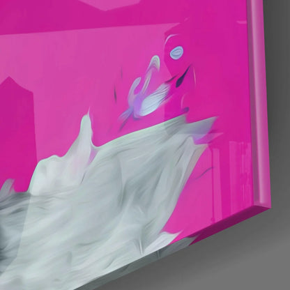 Vibrant pink glass wall art with abstract white gray brushstrokes